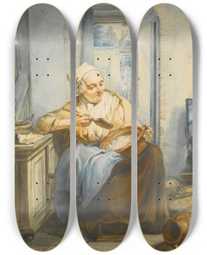 Triptych art skateboard deck of Jacob Van Strij Interior With An Old Lady Preparing Food by Jacob Van Strij (1756-1815)