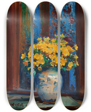 Triptych art skateboard deck of Leon Wyczkowski Marsh Marigolds by Leon Wyczolkowski (1852-1936)