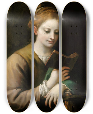 Triptych art skateboard deck of Correggio Saint Catherine Reading by Correggio (1489-1534)