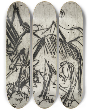 Triptych art skateboard deck of Ernst Ludwig Kirchner Im Mondschein Weidende Khe by Ernst Ludwig Kirchner (1880-1938)