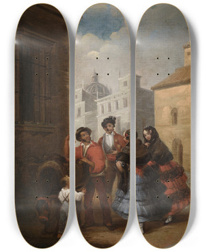 Triptych art skateboard deck of Manuel Rodrguez De Guzmn At The San Isidro Fair by Manuel Rodrguez de Guzmn (1818-1867)