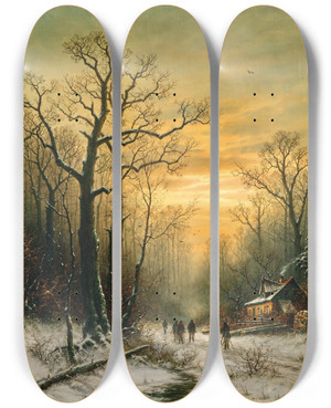 Triptych art skateboard deck of Georg Schmitz Encounter On The Way Home In Winter by Georg Schmitz