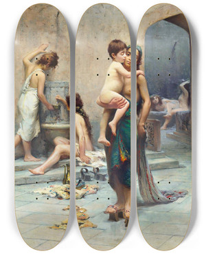Triptych art skateboard deck of Fausto Zonaro Hamam Il Bagno by Fausto Zonaro (1854-1929)