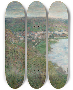 Triptych art skateboard deck of Claude Monet View Of Vtheuil by Claude Monet (1840-1926)