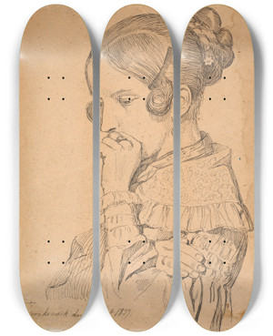 Triptych art skateboard deck of Johan Thomas Lundbye Portrt Af En Ung Dame 34 Profil Mod Venstre by Johan Thomas Lundbye (1818-1848)