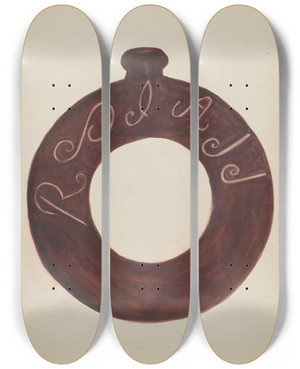 Triptych art skateboard deck of Willoughby Ions Pottery Bottle_2 by Willoughby Ions