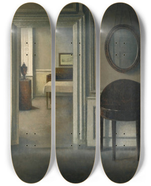Triptych art skateboard deck of Vilhelm Hammershi Interior With A Mirror by Vilhelm Hammershoi (1864-1916)