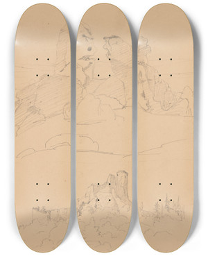 Triptych art skateboard deck of Jzef Simmler Sketch Of Limestone Outliers Near The Ogrodzieniec Castle by Jozef Simmler (1823-1868)