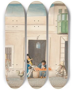 Triptych art skateboard deck of Francisco Fierro Tailor Shop by Francisco Fierro (1807-1879)
