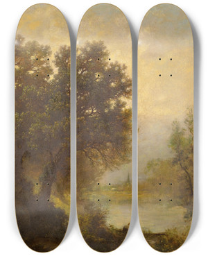 Triptych art skateboard deck of Emile Charles Lambinet Securing The Boat by Emile Charles Lambinet (1815-1877)