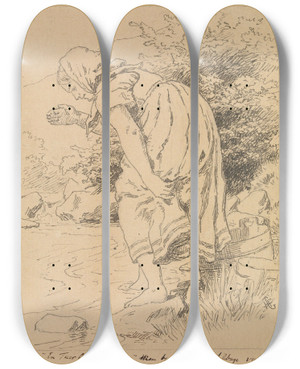 Triptych art skateboard deck of Hans Gude Tidlig En Morr Ved Sankthansdags Leite Skylte Hun Klr Neri Bekken by Hans Gude (1825-1903)