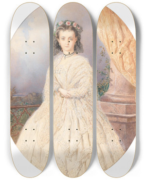 Triptych art skateboard deck of Carl Goebel The Younger A Portrait Of A Bride With Roses In The Hair Standing On A Balcony by Carl Goebel The Younger (1824-1899)