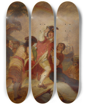 Triptych art skateboard deck of Thomas Sully Robinson Crusoe And His Man Friday Leave The Island by Thomas Sully (1783-1872)
