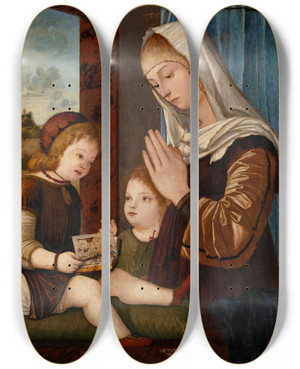 Triptych art skateboard deck of Vittore Carpaccio Madonna And Child With The Infant St John by Vittore Carpaccio (1465-1525)