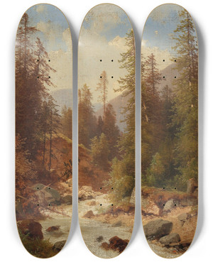 Triptych art skateboard deck of Carl Hasch Am Seebach In Prag by Carl Hasch (1834-1897)