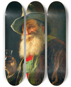 Triptych art skateboard deck of Franz Von Defregger Tyrolean Farmer With Wine Glass by Franz Von Defregger (1835-1921)