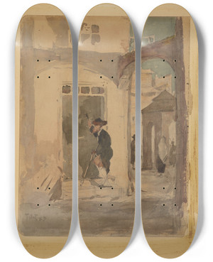 Triptych art skateboard deck of Julian Falat Beadle Knocking At The Door by Julian Falat (1853-1929)