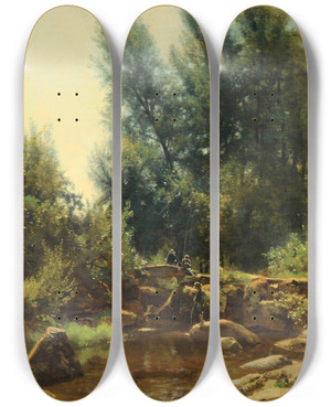 Triptych art skateboard deck of Francoislouis Franais La Partie De Pche by Francois Louis Francais (1814-1897)