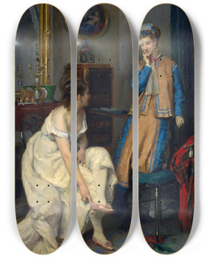Triptych art skateboard deck of Raimundo De Madrazo Y Garreta Confidences by Raimundo De Madrazo Y Garreta (1841-1920)