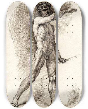 Triptych art skateboard deck of David Humbert De Superville Lopend Mannelijk Naakt Met Geheven Arm by David Humbert De Superville (1770-1849)