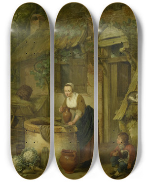 Triptych art skateboard deck of Jacobus Johannes Lauwers Woman Drawing Water From A Well by Jacobus Johannes Lauwers (1753-1800)