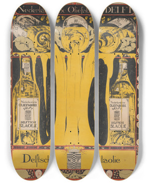 Triptych art skateboard deck of Theo Nieuwenhuis Nederlandsche Oliefabriek Delft Delftsche Slaolie by Theo Nieuwenhuis (1866-1951)