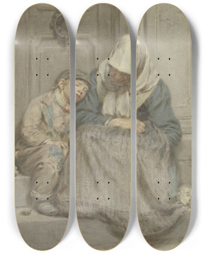 Triptych art skateboard deck of Angilbert Gbel Frau Mit Knabe Vor Einer Tre Schlafend by Angilbert Gobel (1821-1882)