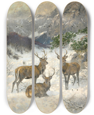 Triptych art skateboard deck of Josef Schmitzberger A Deer Herd In Winter by Josef Schmitzberger (1851-1930)