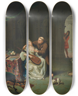 Triptych art skateboard deck of Willem Van Mieris Tartuffe Et Lmire Supris Par Damis Fils Dorgon by Willem Van Mieris (1662-1747)