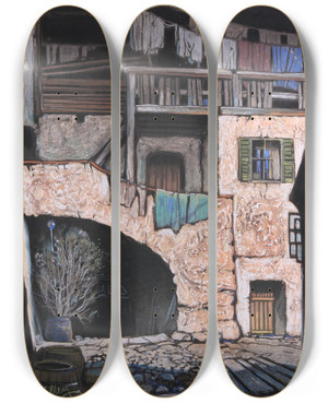 Triptych art skateboard deck of Oskar Mulley Innenhof by Oskar Mulley (1891-1949)