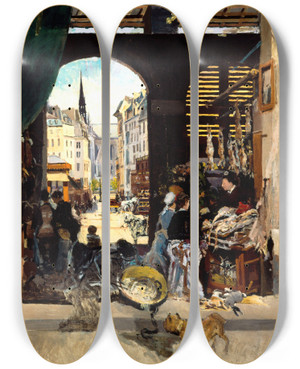 Triptych art skateboard deck of Emile Antoine Guillier Le March Des Carmes Place Maubert by Emile Antoine Guillier (1849-1883)