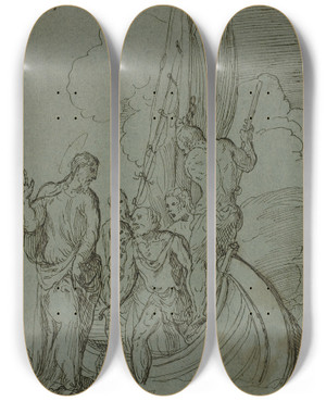 Triptych art skateboard deck of Domenico Campagnola Christ Walking On The Water Peter Following by Domenico Campagnola (1500-1564)