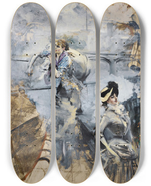 Triptych art skateboard deck of Giovanni Boldini Washerwoman And A Young Brunette By The Seine Paris by Giovanni Boldini (1842-1931)