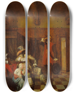 Triptych art skateboard deck of Pieter De Hooch Bringer Of Bad News by Pieter De Hooch (1629-1684)