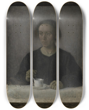 Triptych art skateboard deck of Vilhelm Hammershi Ida Hammershi The Artists Wife With A Teacup by Vilhelm Hammershoi (1864-1916)