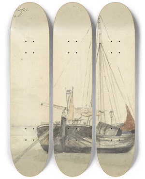 Triptych art skateboard deck of Gerhard Munthe Visserspink Te Katwijk by Gerhard Munthe (1849-1929)