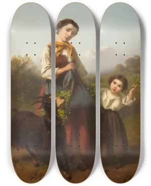 Triptych art skateboard deck of Ferdinand Marhn Young Female Shepherd With Child by Ferdinand Marohn (1839-1865)