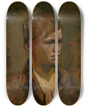 Triptych art skateboard deck of Ladislav Mednynszky Fairheaded Boy With Red Point In The Background by Ladislav Mednyanszky (1852-1919)