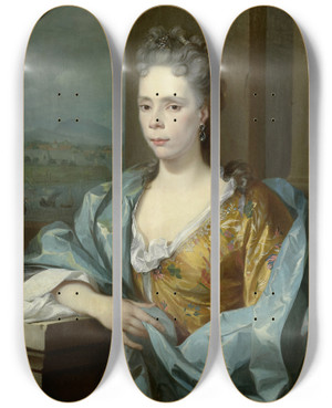 Triptych art skateboard deck of Nicolaas Verkolje Portrait Of Elisabeth Van Riebeeck Daughter Of Abraham Van Riebeeck Wife Of Gerard Van Oosten by Nicolaas Verkolje (1673-1746)