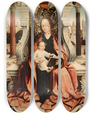 Triptych art skateboard deck of Master Of Frankfurt The Virgin Enthroned by Master Of Frankfurt (1460-1533)