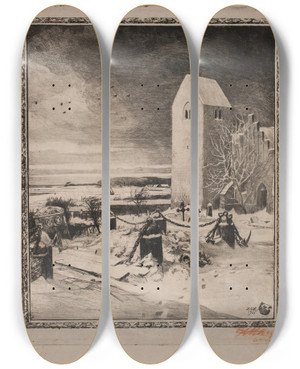 Triptych art skateboard deck of Hans Nikolaj Hansen Hjt P En Gren Vi Kirkegrden by Hans Nikolaj Hansen (1853-1923)