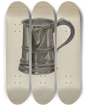 Triptych art skateboard deck of Hyman Pearlman Pewter Pitcher by Hyman Pearlman