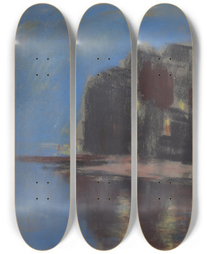 Triptych art skateboard deck of Zolo Palugyay Blue Lake Under Black Rock by Zolo Palugyay (1898-1935)
