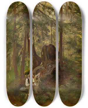 Triptych art skateboard deck of Hans Thoma Waldinneres Mit Lesendem Knaben by Hans Thoma (1839-1924)