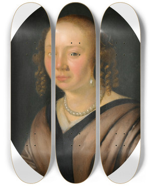 Triptych art skateboard deck of Pieter Cornelisz Van Slingelandt Portrait Of A Lady Head And Shoulders Wearing Pearl Earrings And A Necklace by Pieter Cornelisz Van Slingelandt (1640-1691)