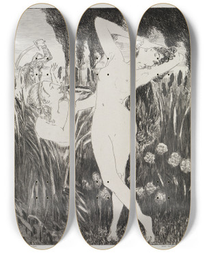Triptych art skateboard deck of Max Klinger Die Schale Zelt Opus Xiv 1 Teil Nr 15 by Max Klinger (1857-1920)