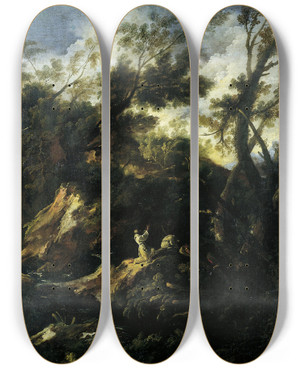 Triptych art skateboard deck of Antonio Francesco Peruzzini Landscape With Two Praying Monks by Antonio Francesco Peruzzini (1646-1724)