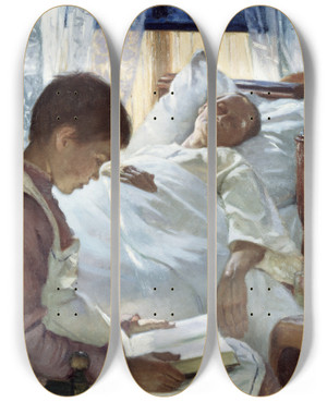 Triptych art skateboard deck of Eva Bonnier Reflection In Blue by Eva Bonnier (1857-1909)