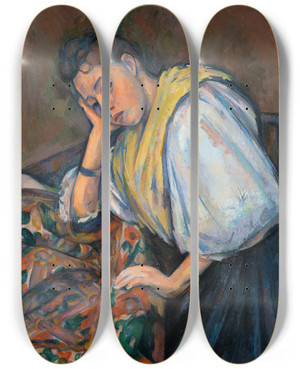 Triptych art skateboard deck of Paul Czanne Young Italian Woman At A Table by Paul Cezanne (1839-1906)