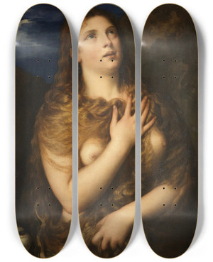 Triptych art skateboard deck of Titian The Penitent Magdalene_2 by Titian (1488-1576)